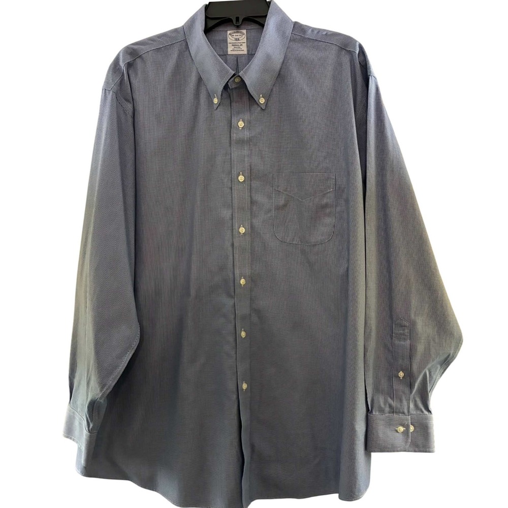 Brooks Brothers Button Down Shirt Mens 18 34/35 Blue Check Regular Fit Non-Iron